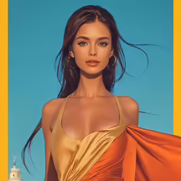 a woman in an orange and yellow bikini top