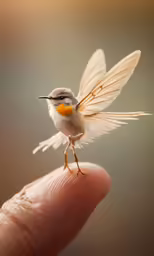 a tiny bird with wings that are flying down