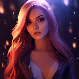 a very pretty female with big breast posing for the camera,a woman is wearing an leather jacket in this image