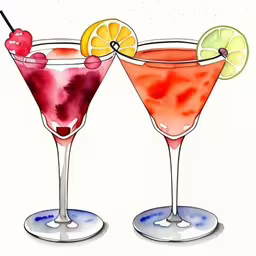three alcoholic beverages with garnishes and one cherry and lime,two cocktails, one with orange, one cherry and lime