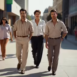 two men and one woman walking down a sidewalk