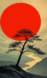 a lone tree sits on the top of a hill at sunset