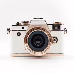 a white and gold camera with a white background