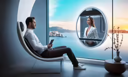 man sitting in chair looking at woman reflection