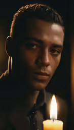 a close up of a person with a lit candle