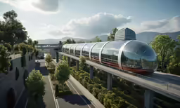 a modern commuter train is going over a road