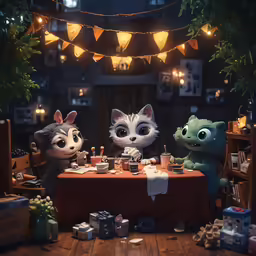 three kittens in the shape of cats sit at a table while eating food
