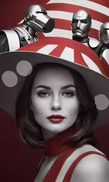 an attractive woman in a hat with silver robot figures on it