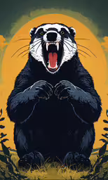 a painting of an animal with its mouth open,a badger standing on its hind legs with it