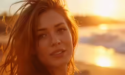 a woman with long hair on the beach at sunset