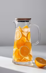 an orange is sitting on top of a pitcher
