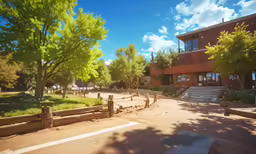 a building with trees around the parking lot