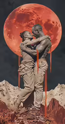 a couple kissing in front of the moon