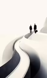 a black and white photograph of two men walking through a path in the desert