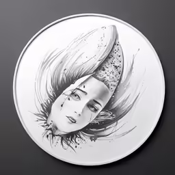 a white ceramic coaster with a drawing of a woman