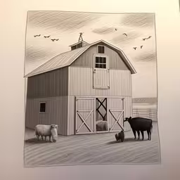 drawing of sheep and sheep in front of a barn