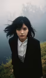 a woman standing near bushes wearing a white shirt and black blazer
