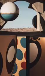 a geometric room with large sculptures and circles on the wall