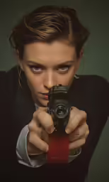 woman in a suit holding camera taking a picture