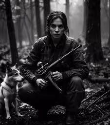 the girl with the rifle crouches in a dark forest with a dog,a black and white photo of a person with a gun