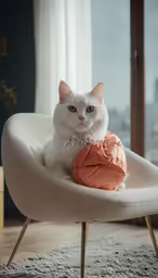 a white cat sits on a beige chair with its back turned to the camera