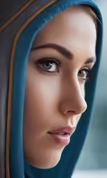woman with blue scarf looking ahead at something