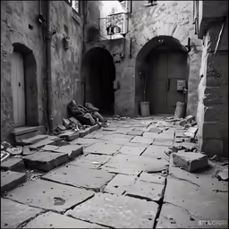 a black and white photograph of a small alley