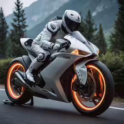 man riding a motorcycle on a highway next to some trees
