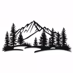 a line drawing of a snow - capped mountain and forest