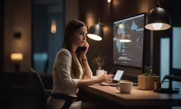 a woman sitting at a desk and using a computer