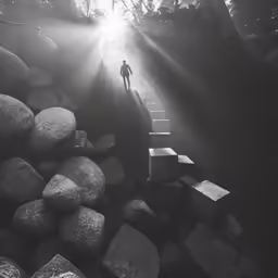 man walking up stairs towards light in black and white