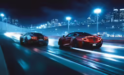two cars driving on a city highway at night