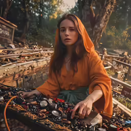 woman in robe putting up jewelry on top of a wooden table