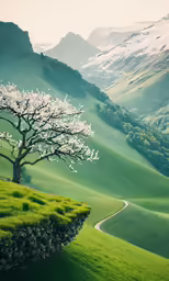 an empty tree stands on a green hillside