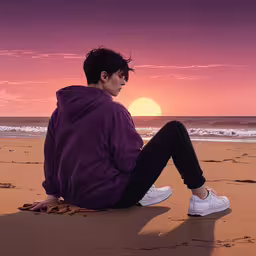 a person sitting on the sand at sunset with a sun setting in the distance,a person sitting on top of a beach near the ocean