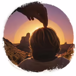 a person is taking a photo from a round with the sun setting