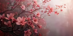 a bunch of pink flowers on the branches of some trees
