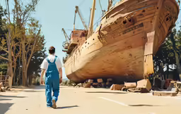 a man is walking along the street near a wooden boat