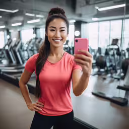 a beautiful woman holding up her phone in a gym,an asian woman with a pink shirt is holding her phone