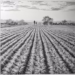 two people walking through an open field, black and white