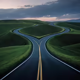 an odd view of a road with two curving lanes