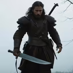 a man holding a sword standing next to trees