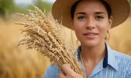 a woman is holding an oat in the field
