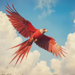 a red and white parrot flying through the air