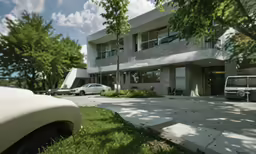 a car is parked in front of an apartment building