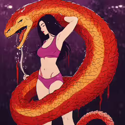 a beautiful young lady holding a large red snake,a female in a bikini holding onto a red dragon