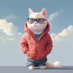 a cat wearing glasses is standing in front of some clouds