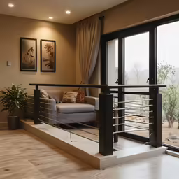 there is a chair next to the open window and a couch