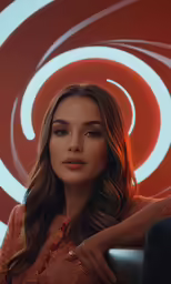 the young woman poses next to a red and white circular wall