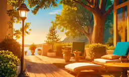 a porch with sun and green trees